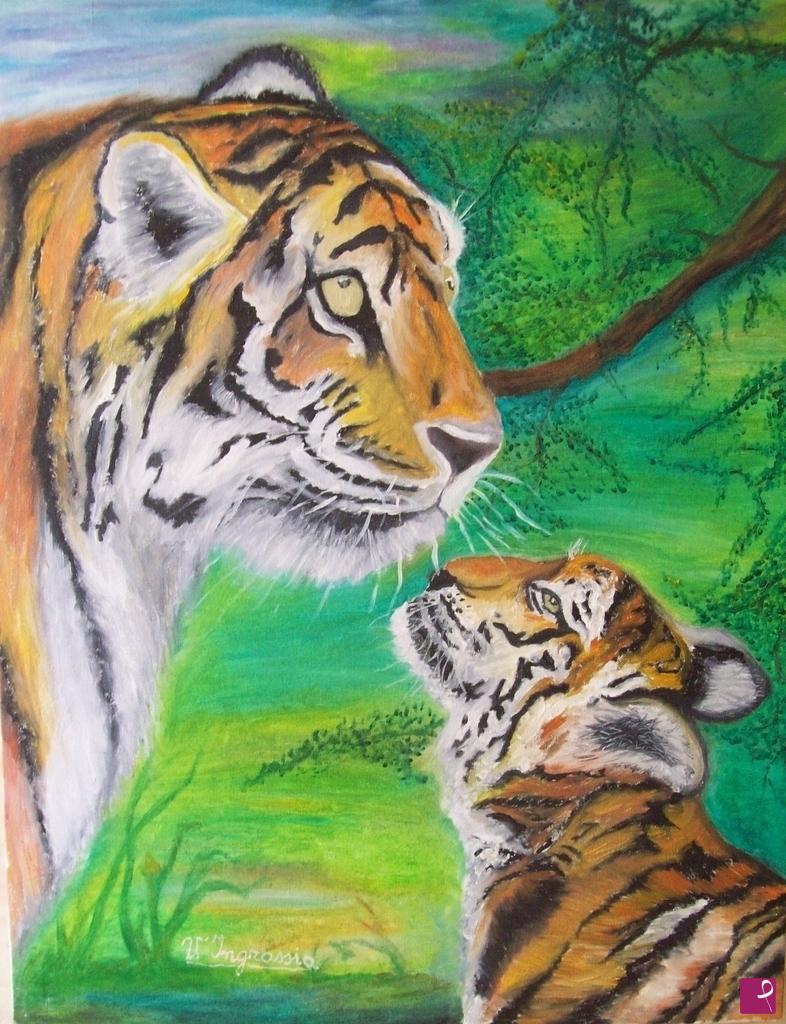 quadri in vendita online - fuse di cucciolo di tigre alla mamma