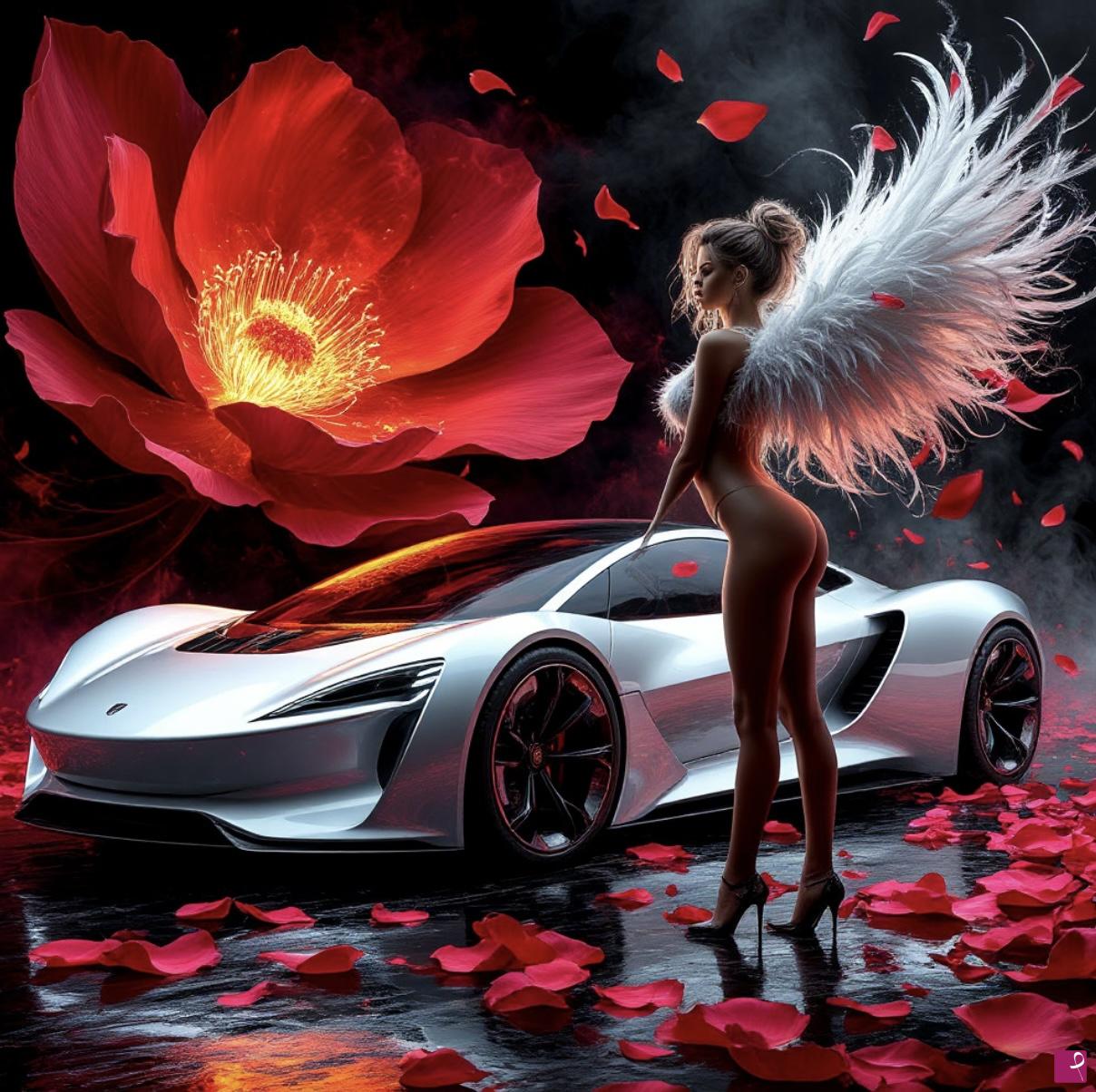 quadri in vendita online - Futuristic car and girl angel 