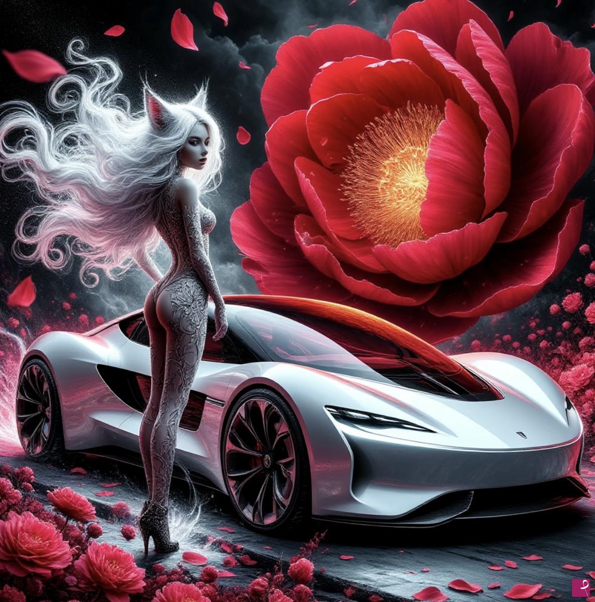 quadri in vendita online - Futuristic car and girl-cat