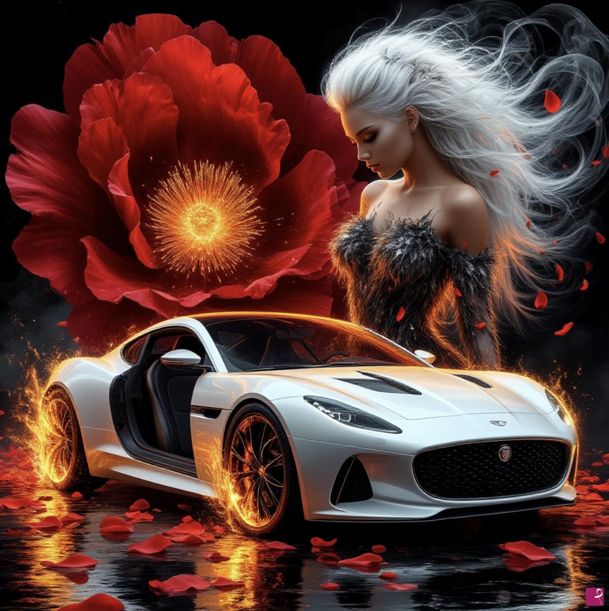 quadri in vendita online - Futuristic car and girl with flower 