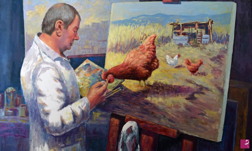 quadri in vendita online - Gallina curiosa con autoritratto