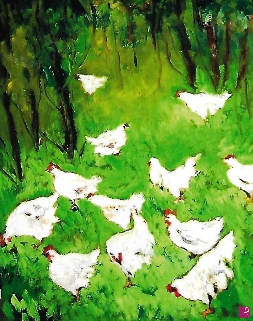 quadri in vendita online - Galline nel prato