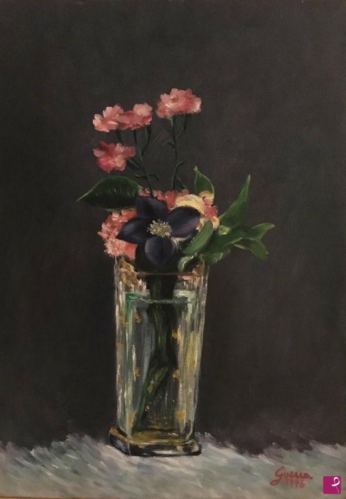 quadri in vendita online - Garofani e clematis in un vaso di cristallo