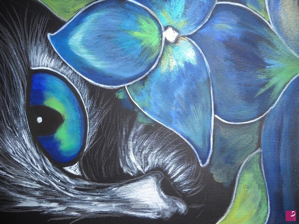 quadri in vendita online - gatto con fiore blu