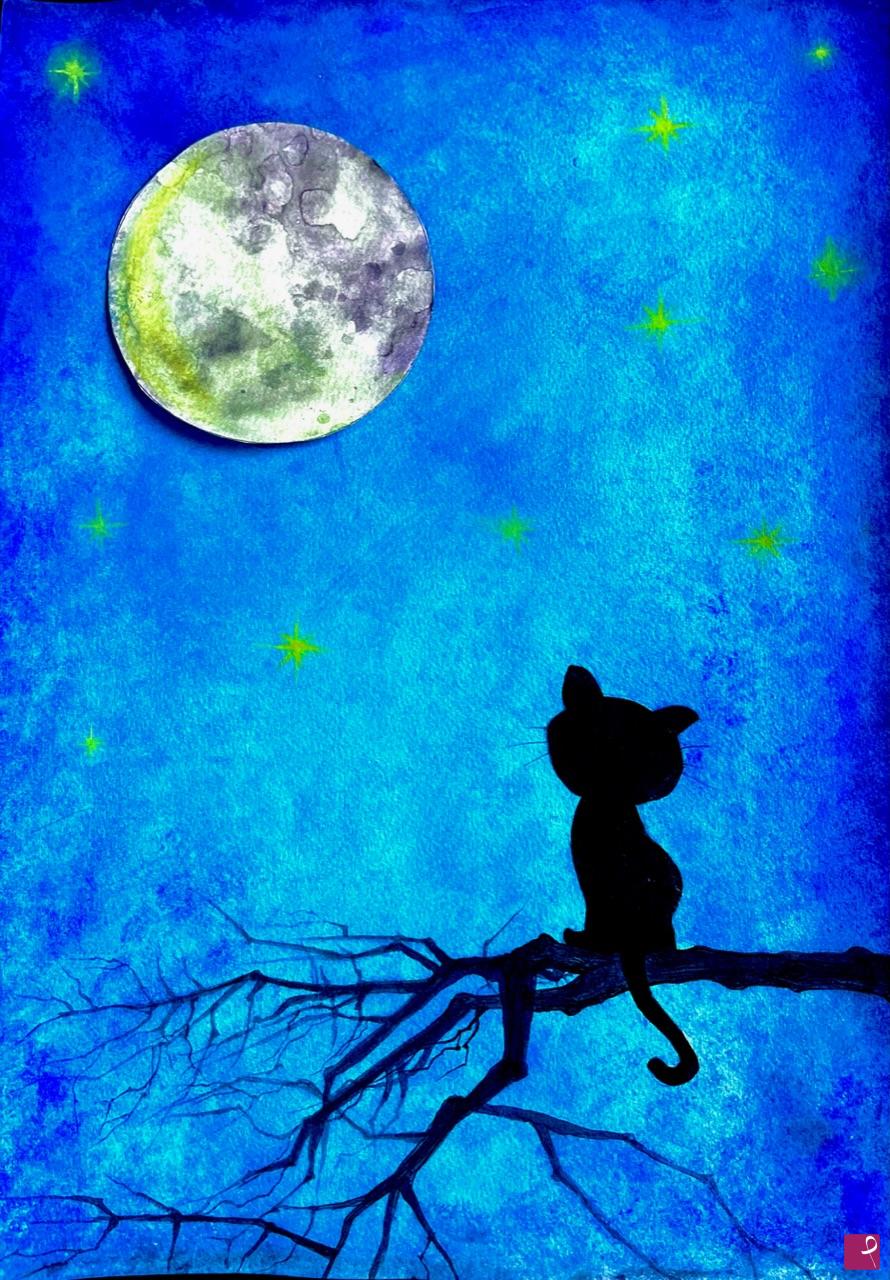 quadri in vendita online - Gatto con luna piena