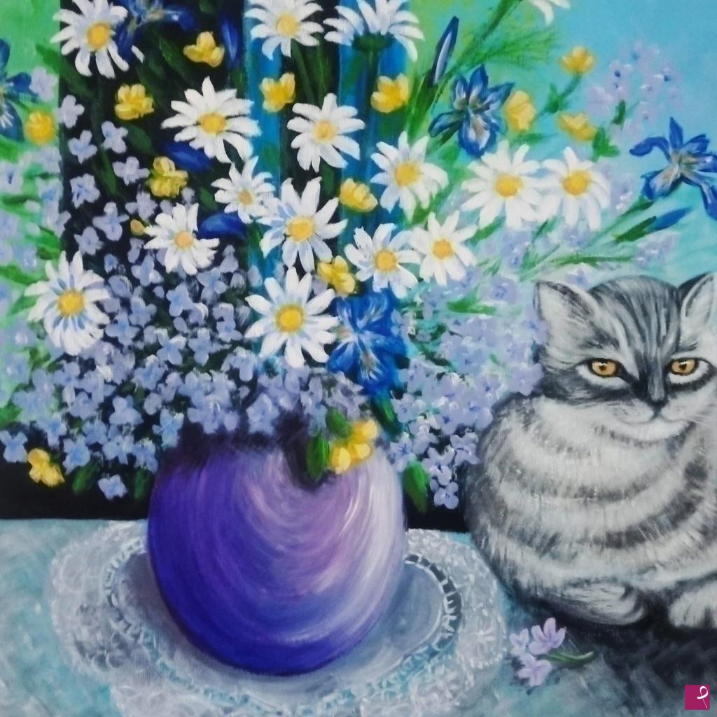 quadri in vendita online - Gatto fiorito
