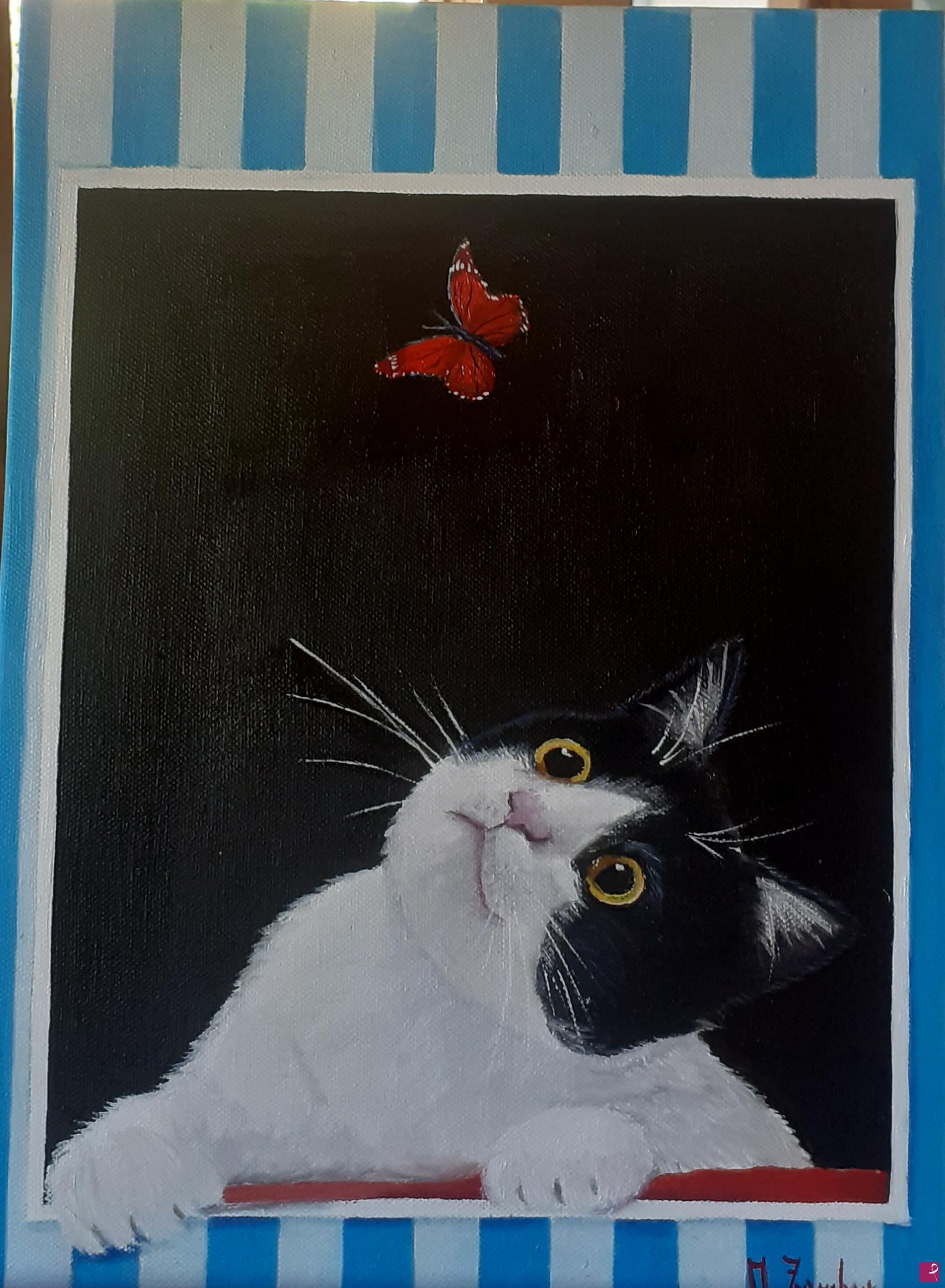 quadri in vendita online - Gatto Martino e la farfallina rossa