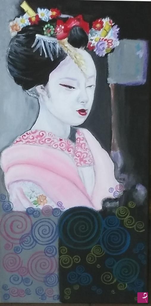 quadri in vendita online - Geisha at the bus stop with spirals