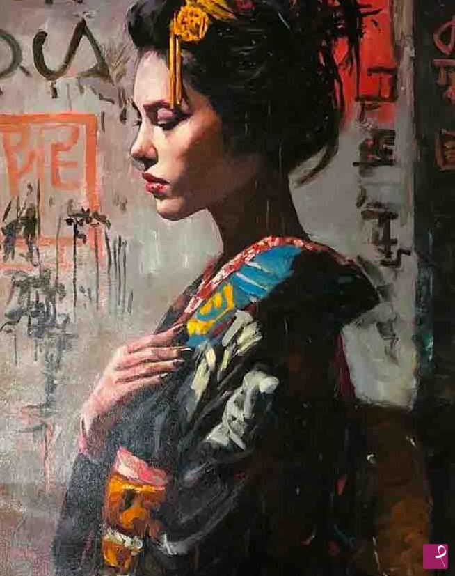 quadri in vendita online - Geisha tra i graffiti del vento