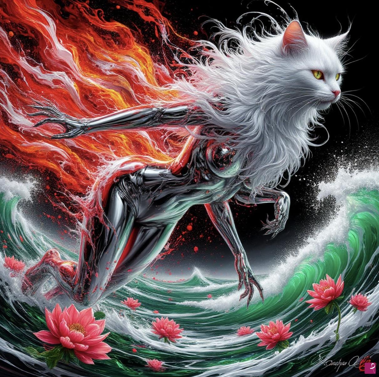 quadri in vendita online - Gerl-cat, fire, sea waves 