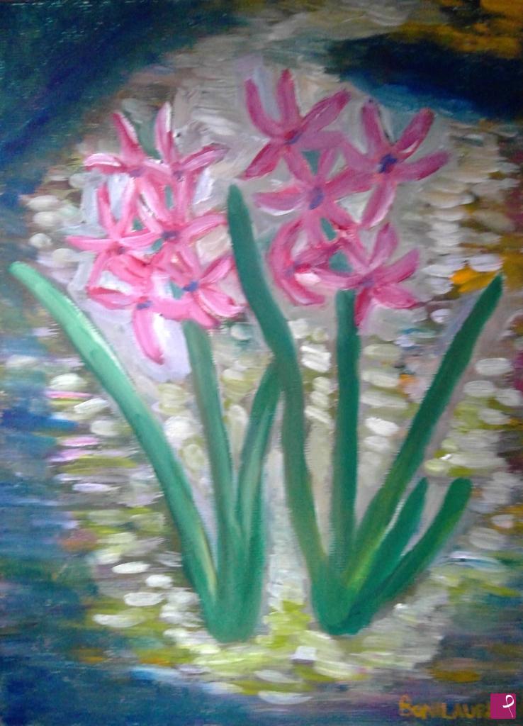 quadri in vendita online - Giacinti rosa in giardino