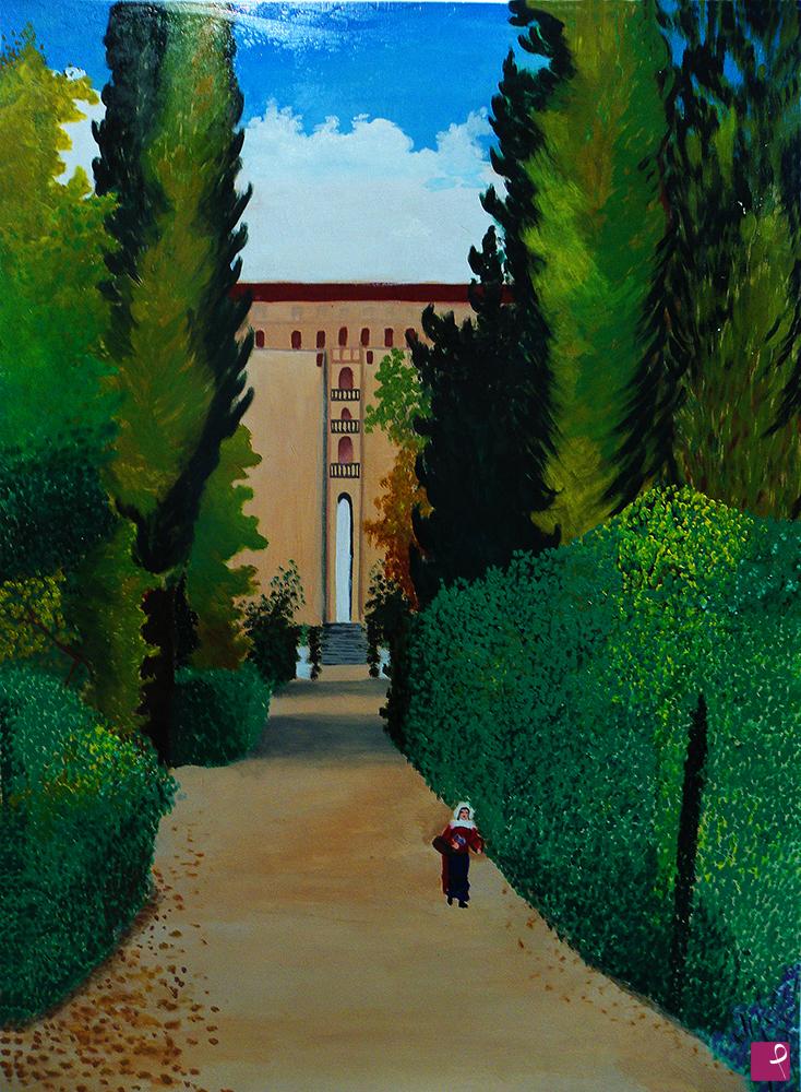 quadri in vendita online - Giardino con scorcio di villa