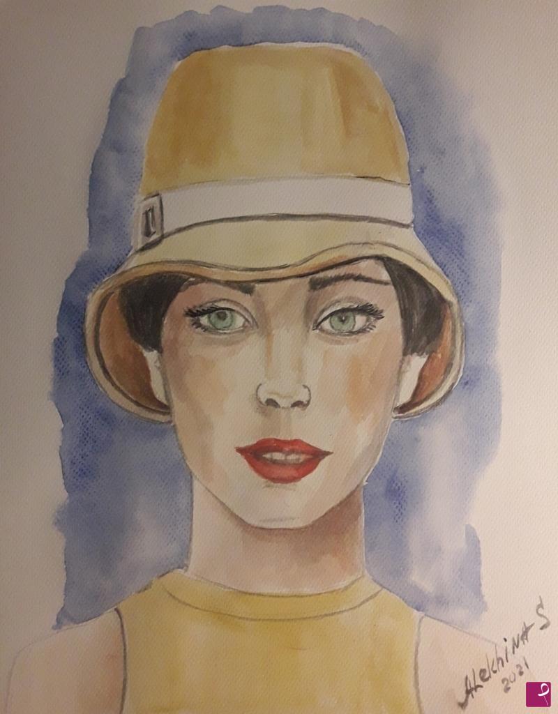 quadri in vendita online - Giovane donna con cappello 