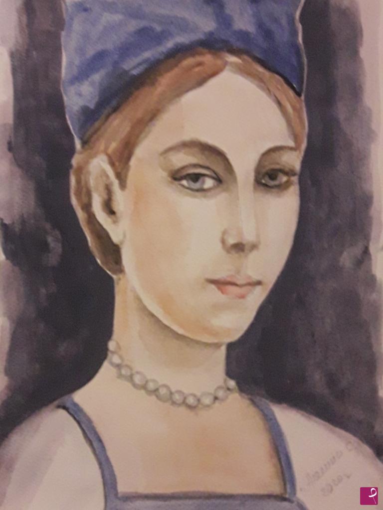 quadri in vendita online - Giovane donna con cappello blu