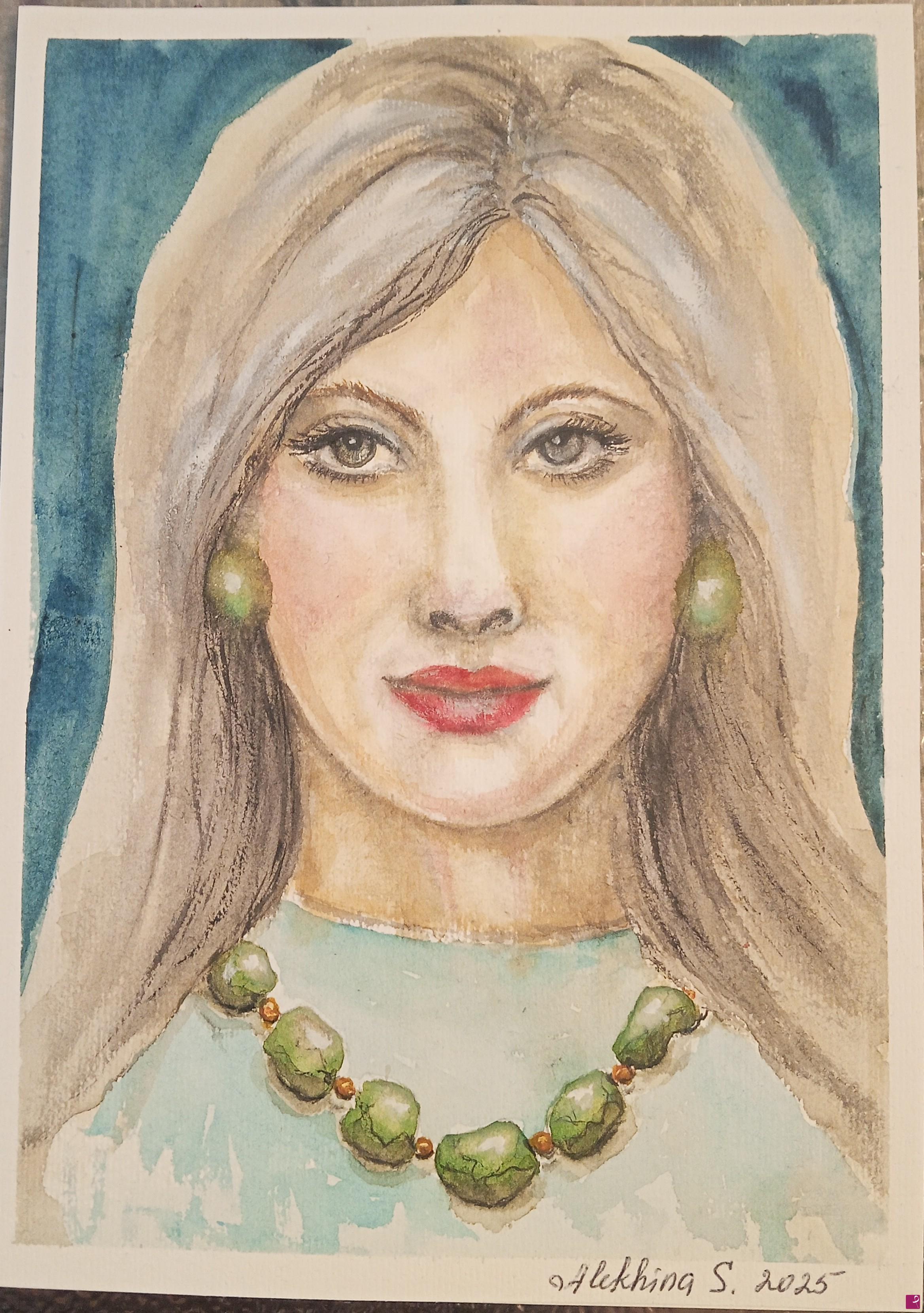 quadri in vendita online - Giovane donna con collana di turchese verde