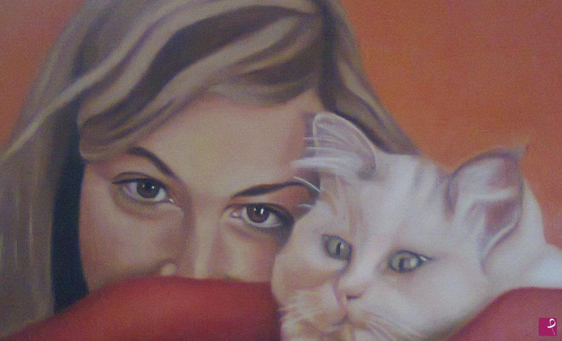quadri in vendita online - Giovane donna con gatto