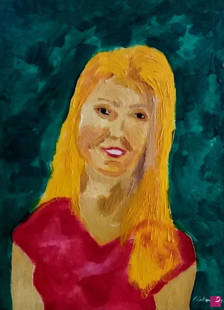 quadri in vendita online - giovane donna con maglietta rossa