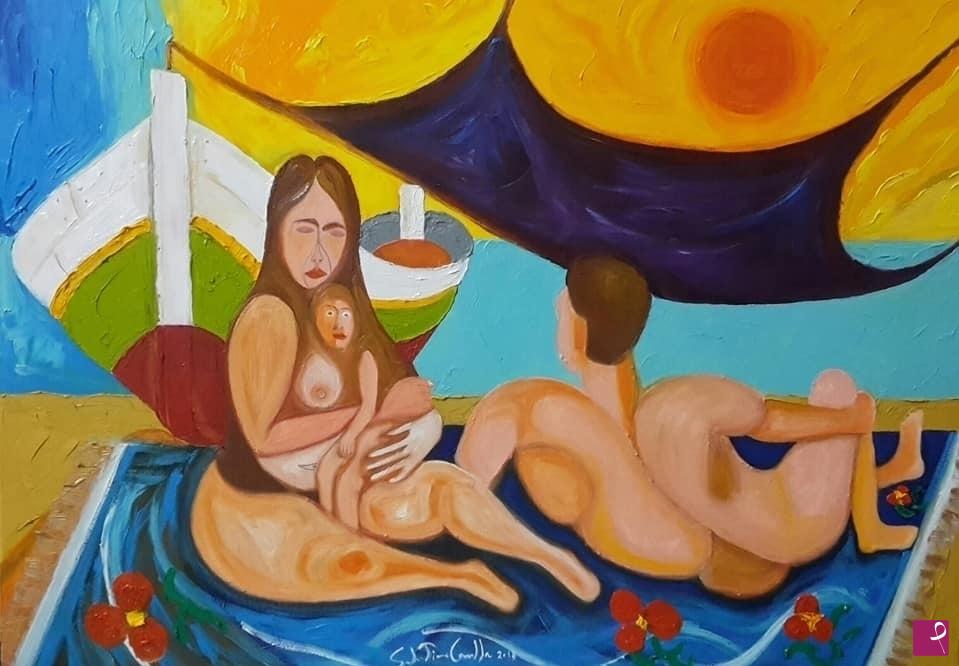 quadri in vendita online - Giovane famiglia al mare
