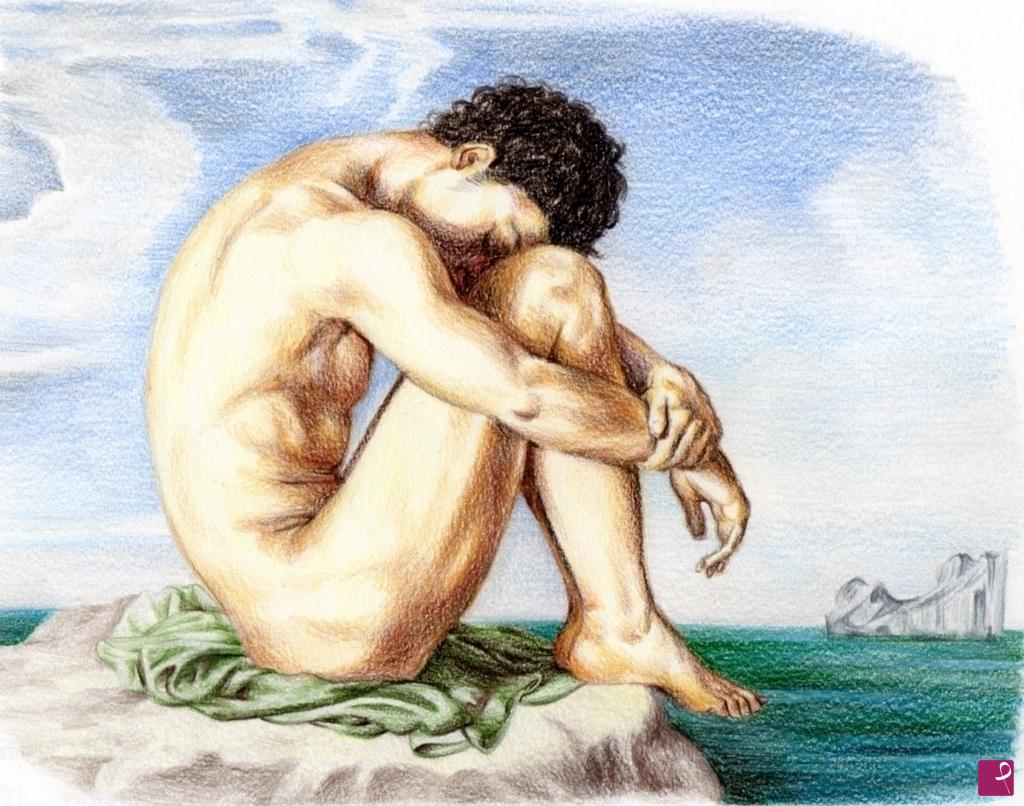 quadri in vendita online - Giovane nudo seduto su una roccia