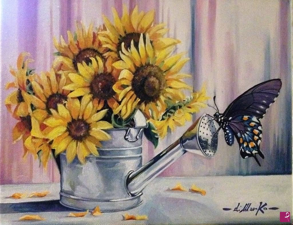 quadri in vendita online - GIRASOLI E FARFALLA