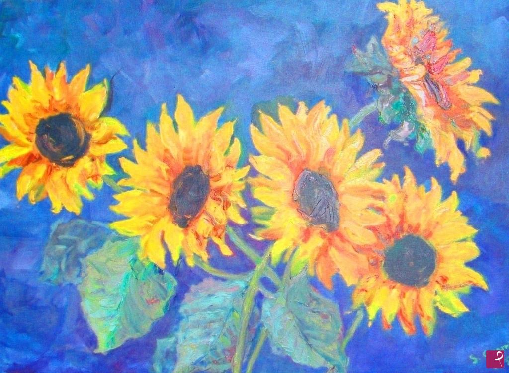 quadri in vendita online - Girasoli su fondo azzurro