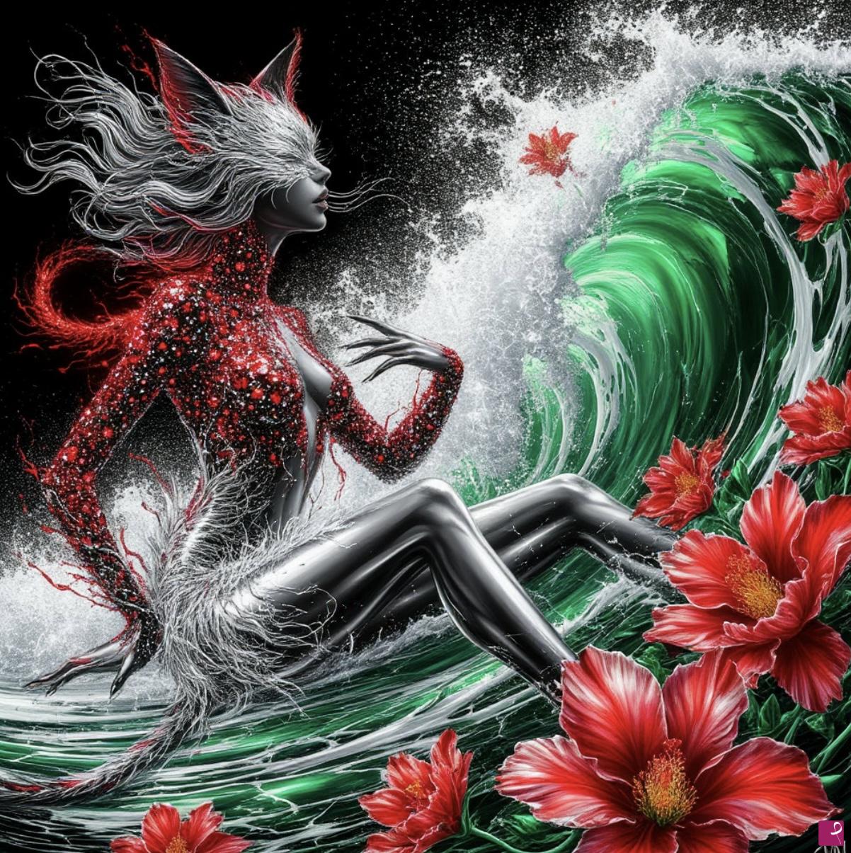quadri in vendita online - Girl- cat in sea waves and flowers 2