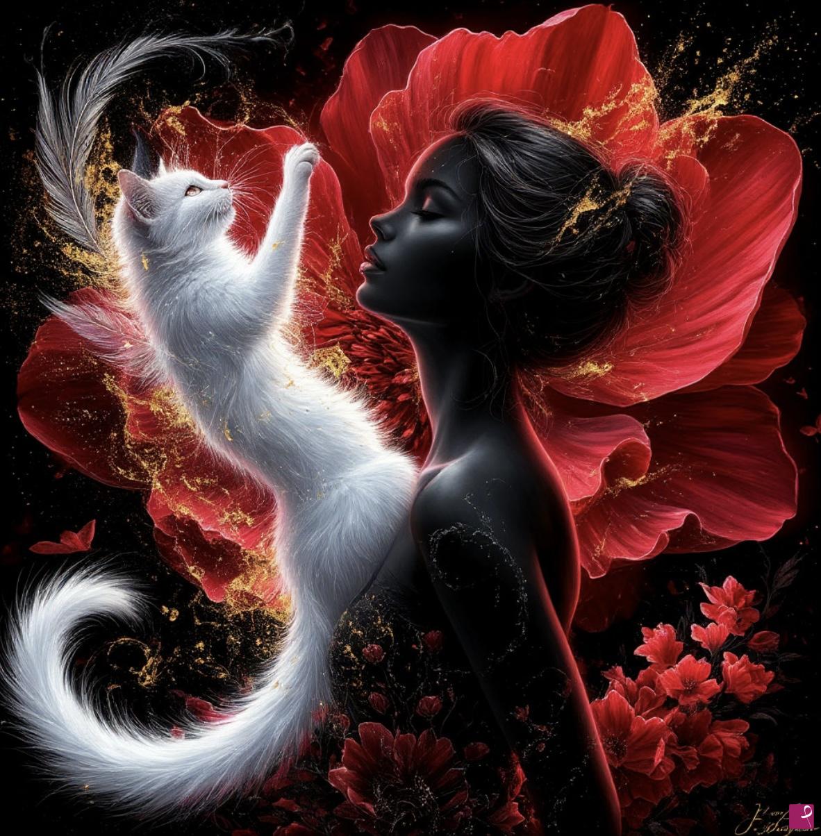 quadri in vendita online - Girl and cat, flowers 