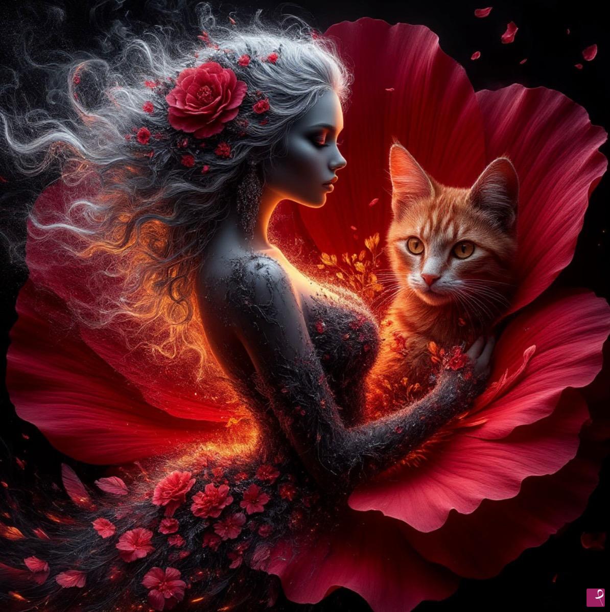 quadri in vendita online - Girl and cat in flower 