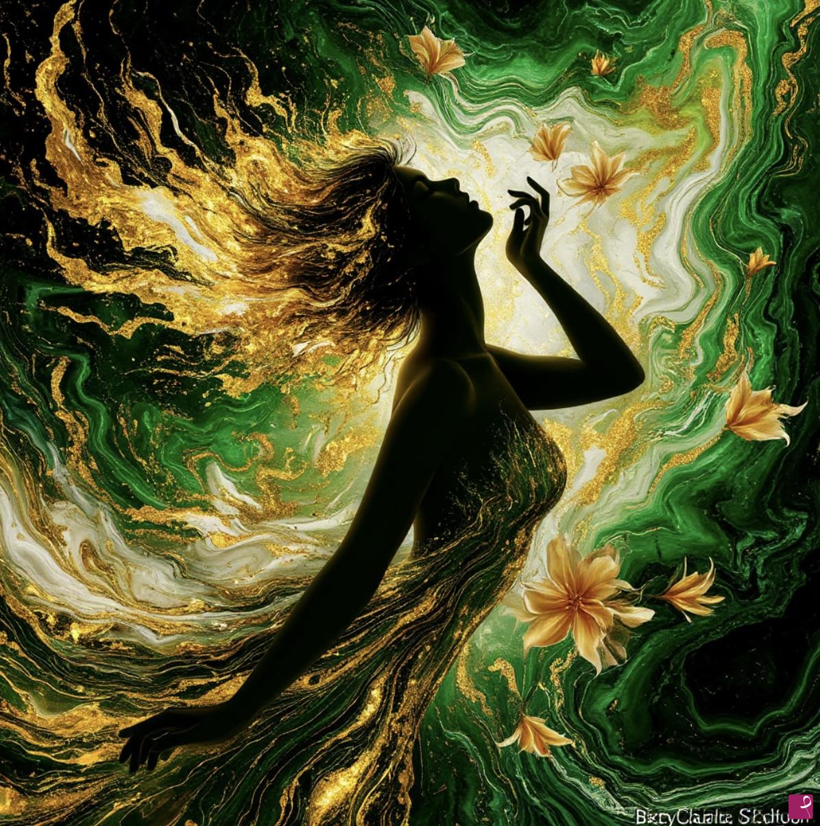 quadri in vendita online - Girl and green marble, gold fire 