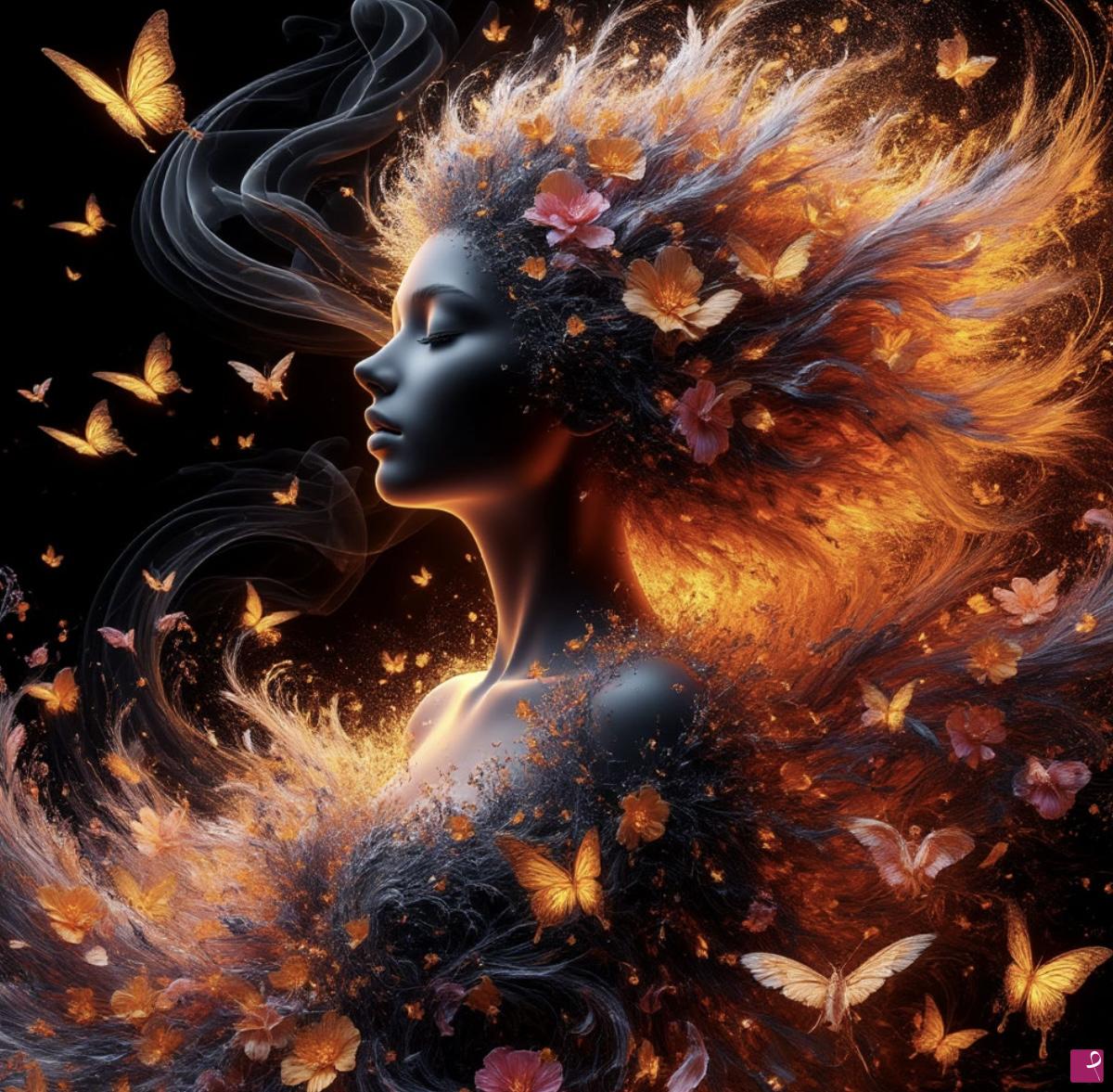 quadri in vendita online - Girl and many butterflies, flowers 