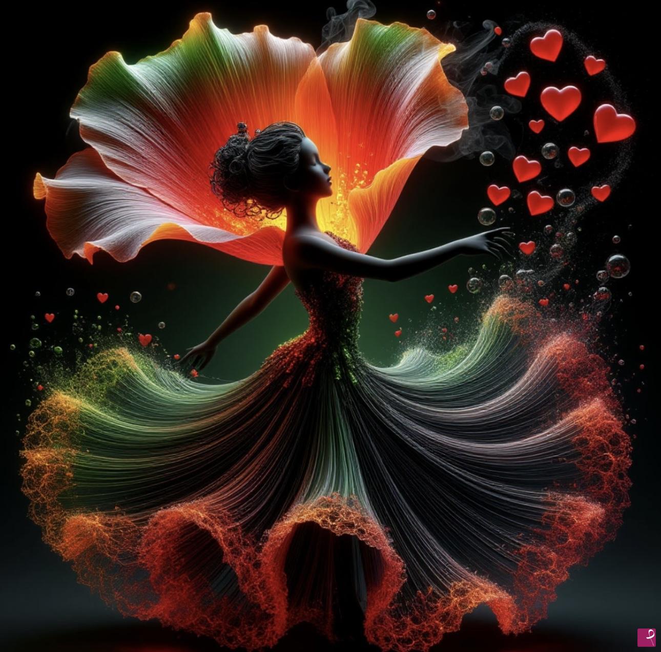 quadri in vendita online - Girl and many hearts, big flower 