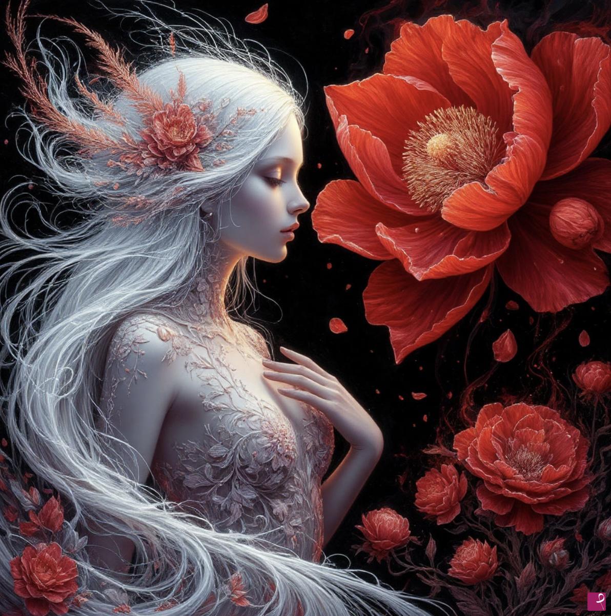 quadri in vendita online - Girl and red flowers 