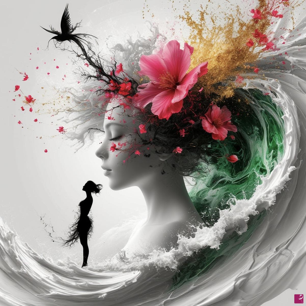 quadri in vendita online - Girl and sea wave with flowers 