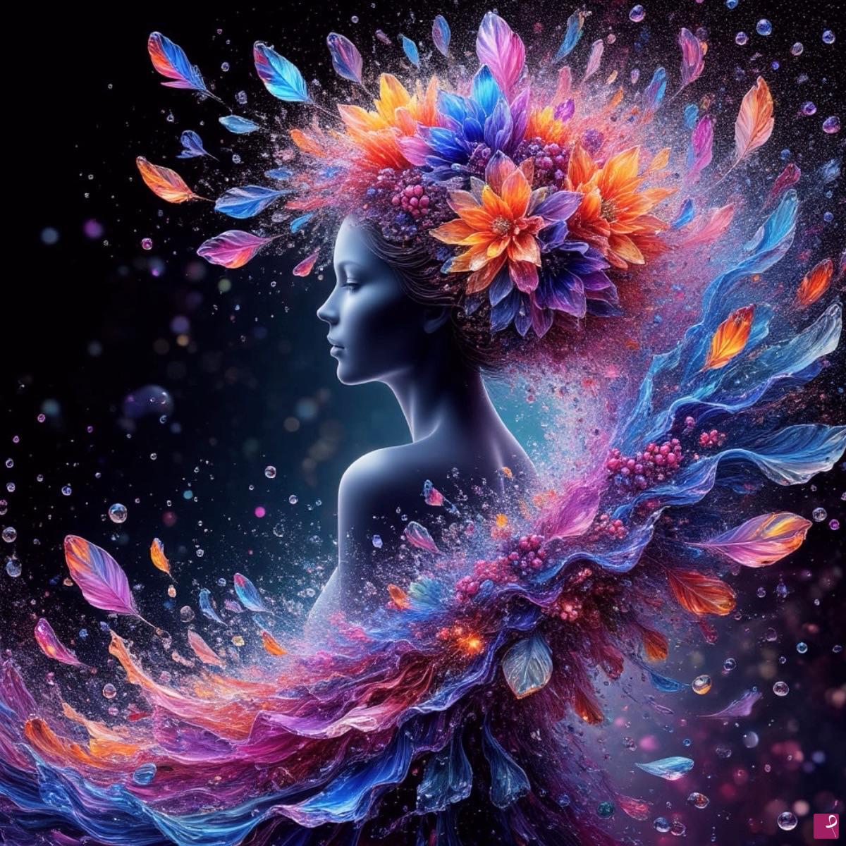 quadri in vendita online - Girl and tornado from flowers 