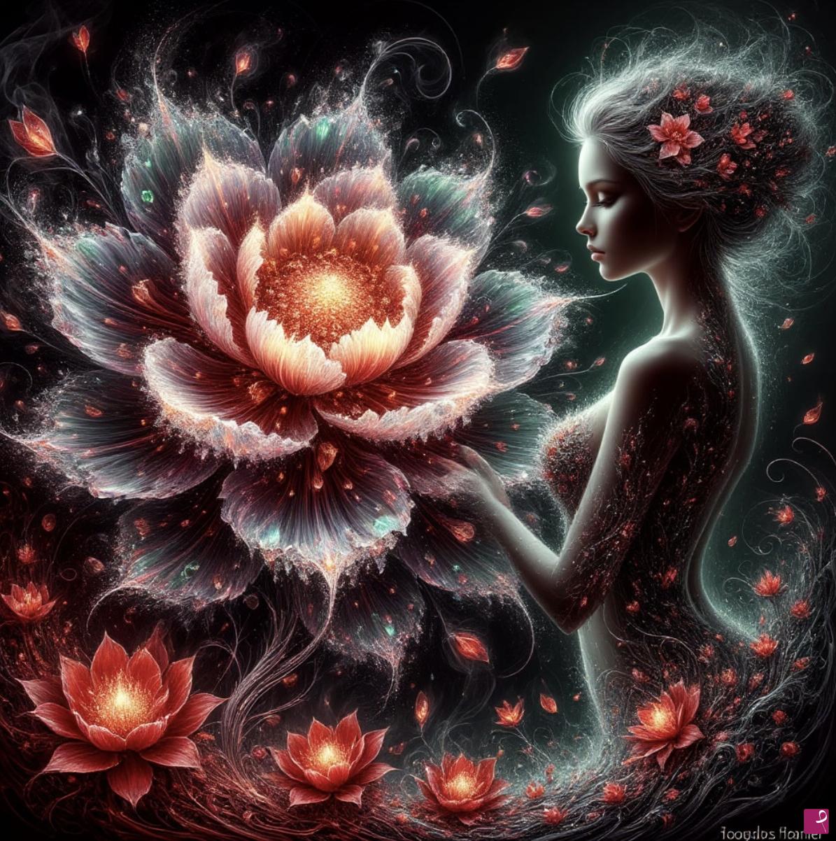 quadri in vendita online - Girl and very big flower 