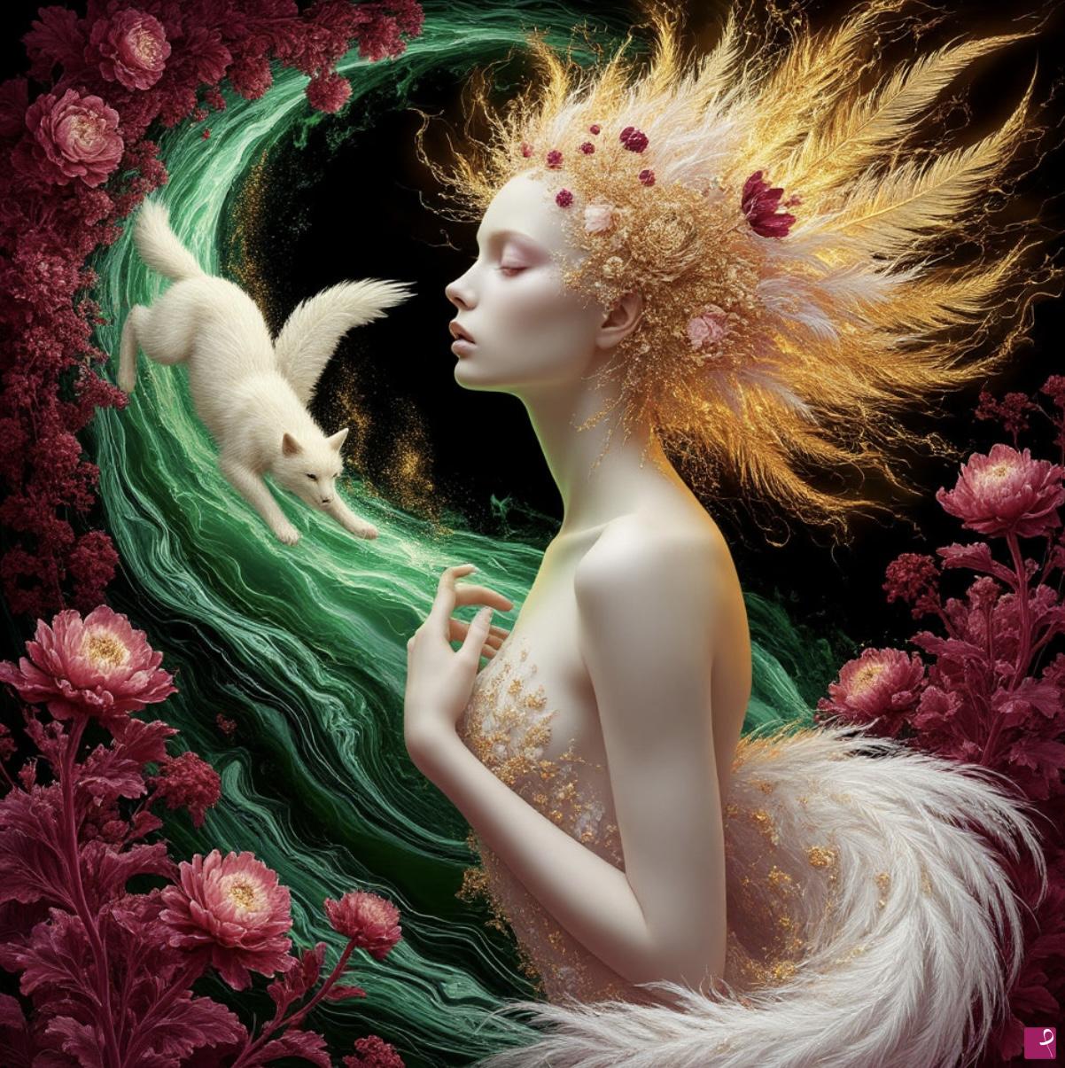 quadri in vendita online - Girl and white wolf, flowers 