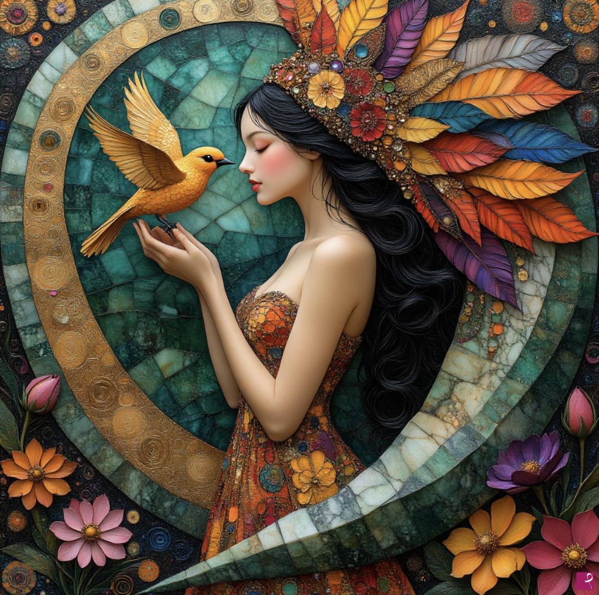 quadri in vendita online - Girl, bird in hands, flowers 2