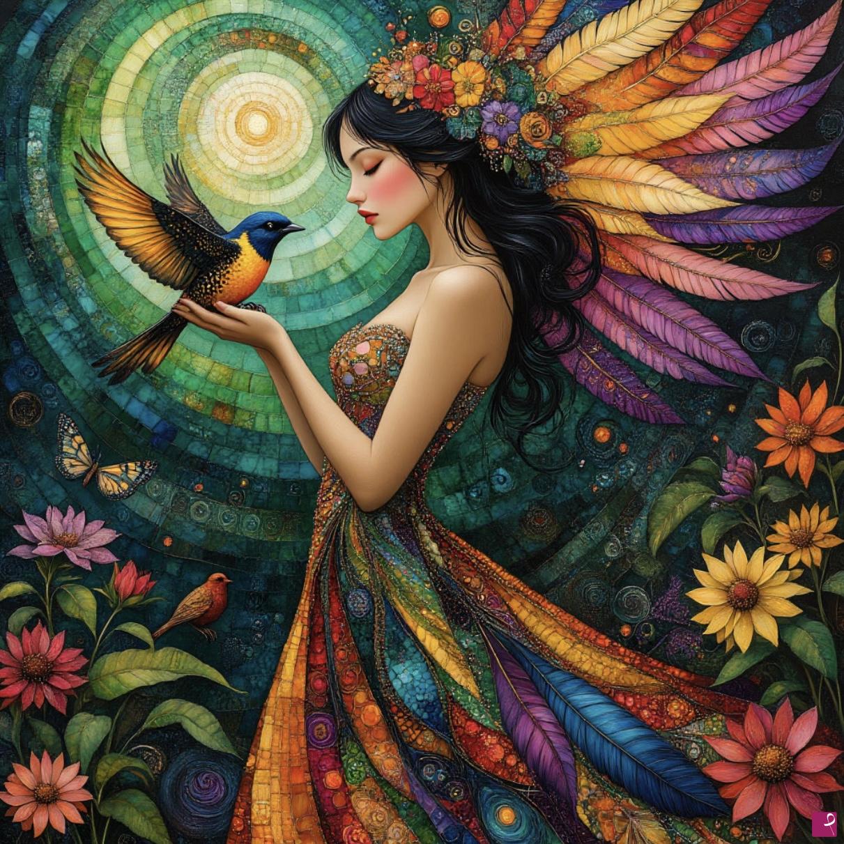 quadri in vendita online - Girl, bird in hands, flower's 