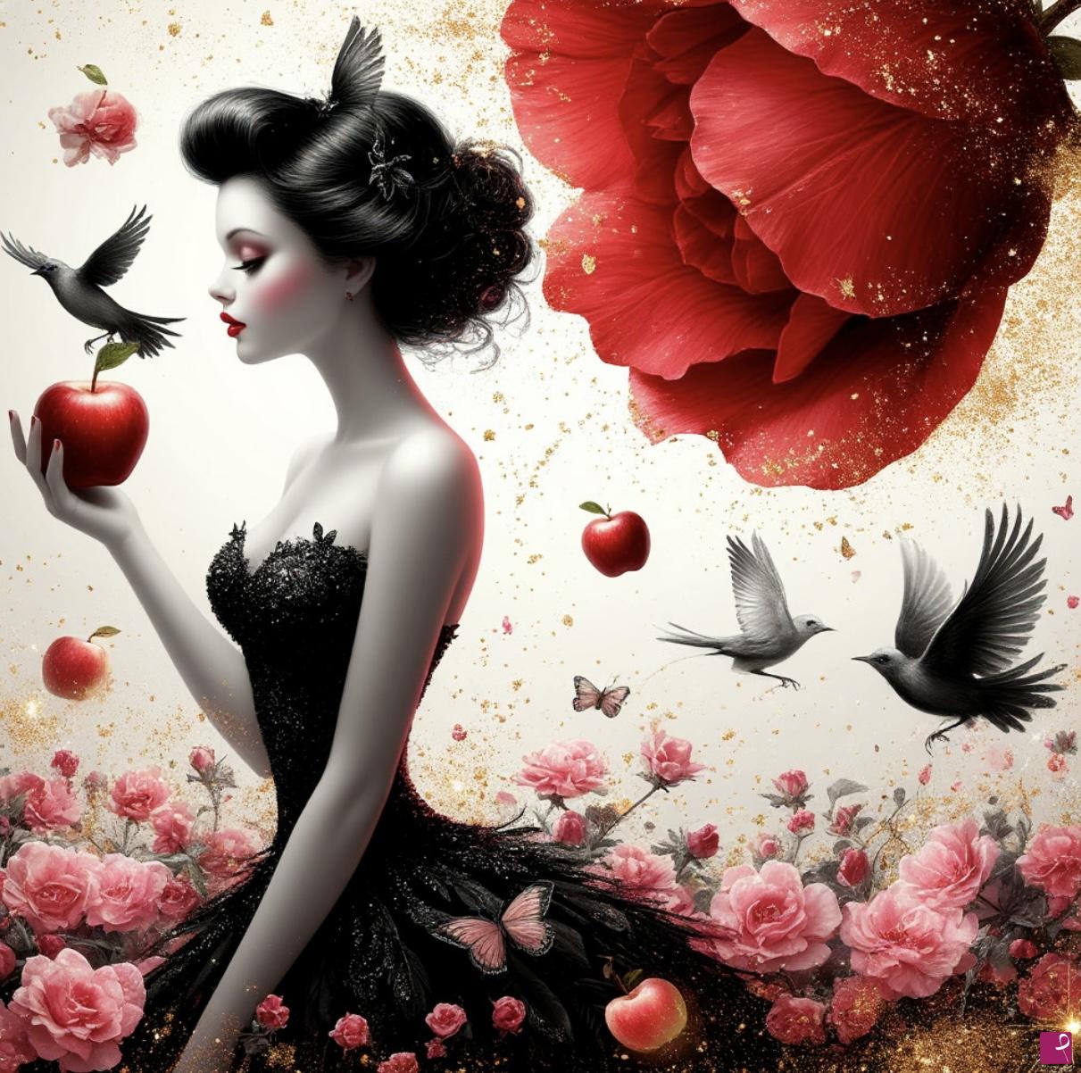 quadri in vendita online - Girl, birds, flowers, apple 