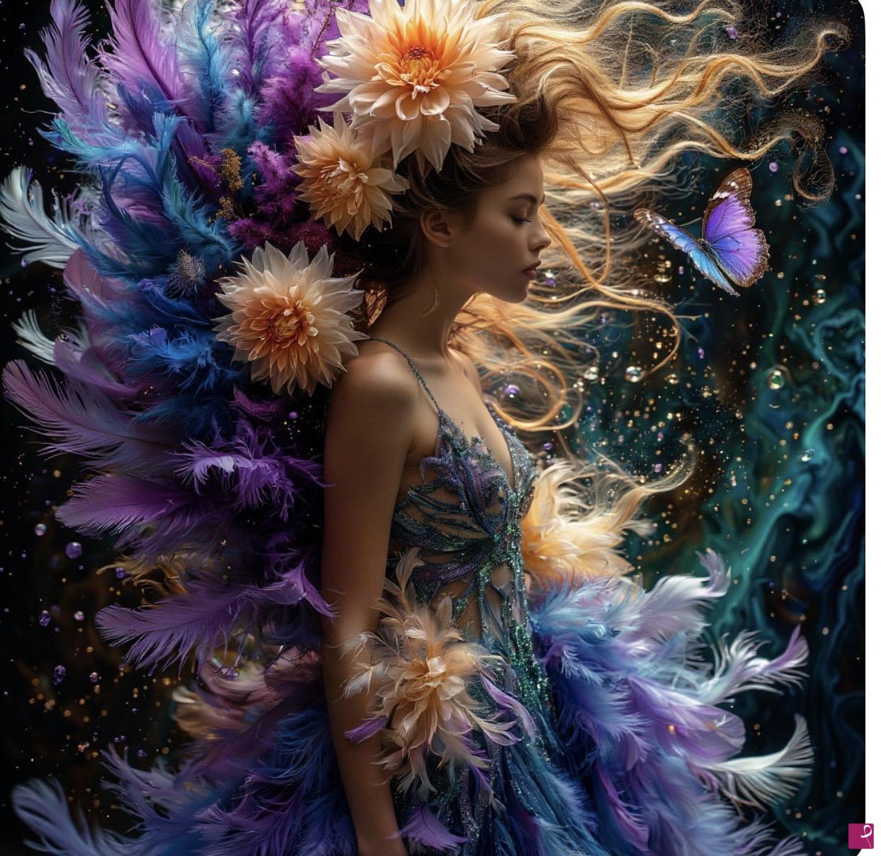 quadri in vendita online - Girl, butterflies flowers 