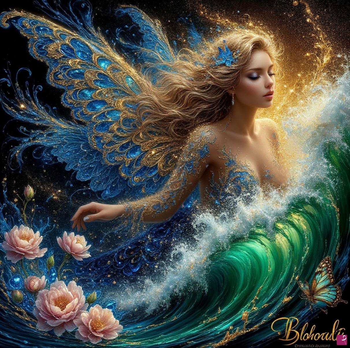 quadri in vendita online - Girl-butterflies, sea waves 