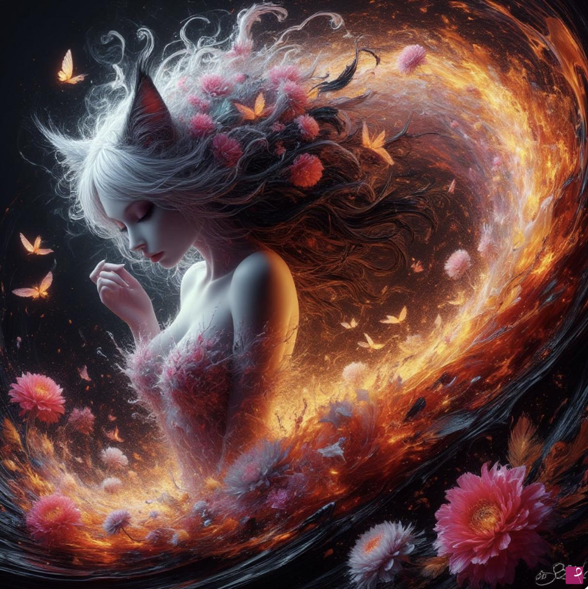 quadri in vendita online - Girl-cat and many flowers 2