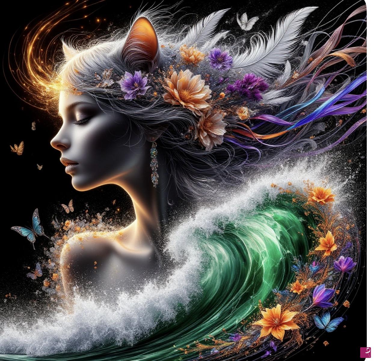 quadri in vendita online - Girl-cat and sea waves 