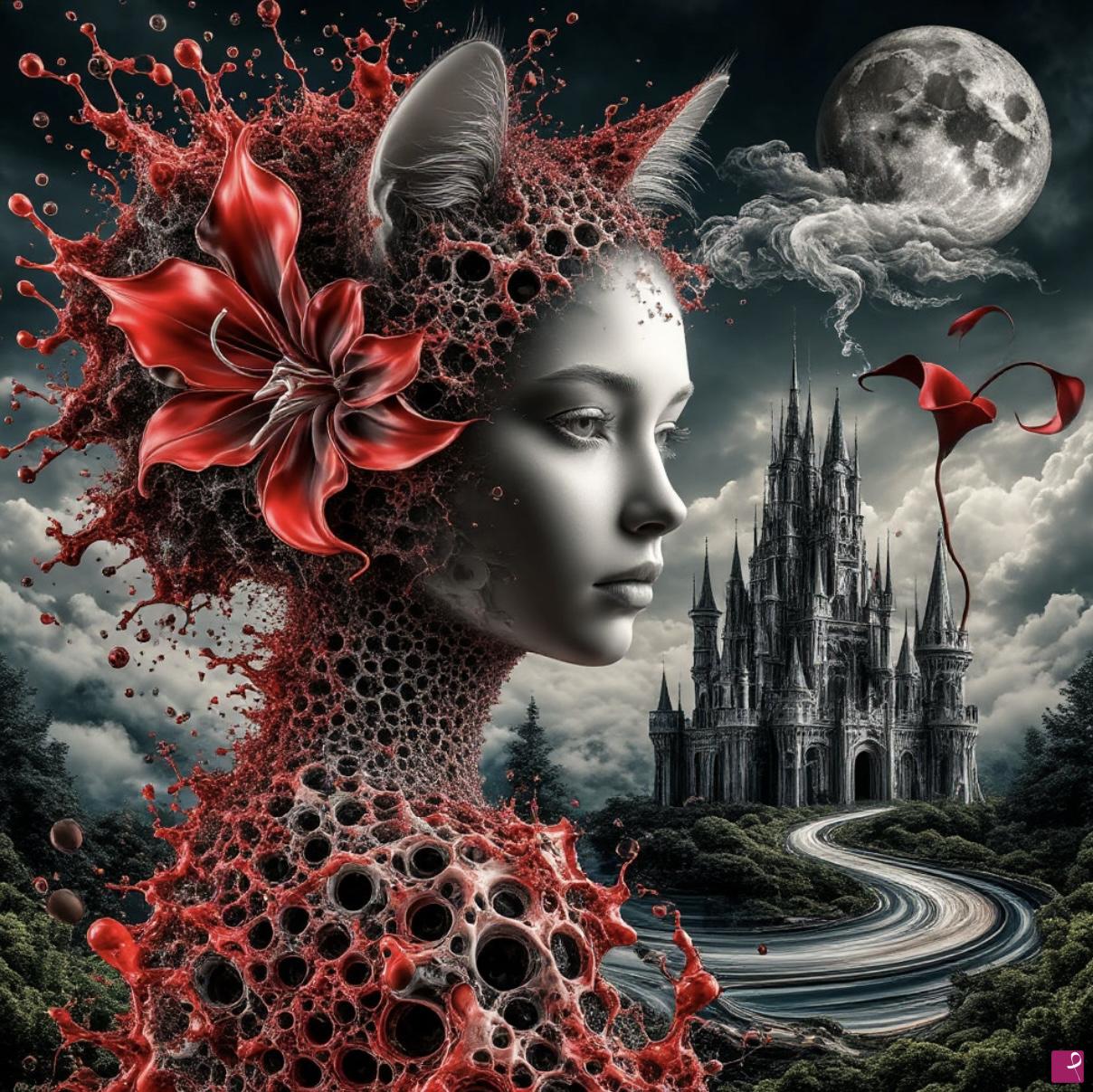 quadri in vendita online - Girl-cat, castle 