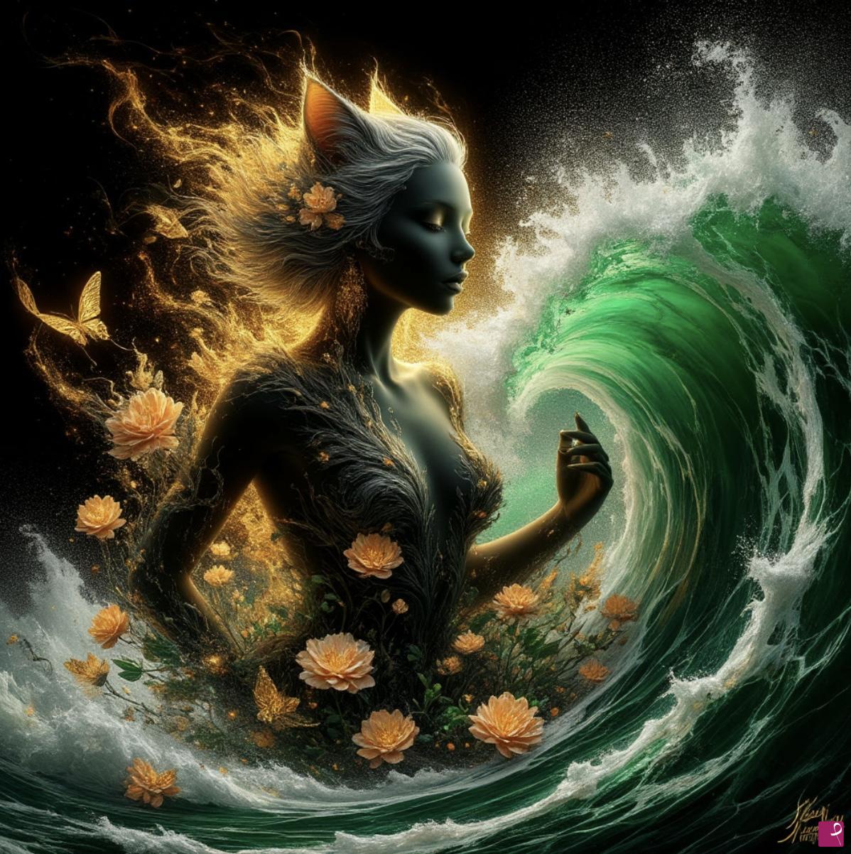 quadri in vendita online - Girl-cat, sea waves and flowers 