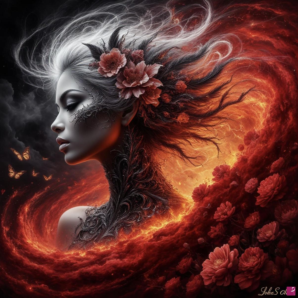 quadri in vendita online - Girl, fire, butterflies, many flowers 