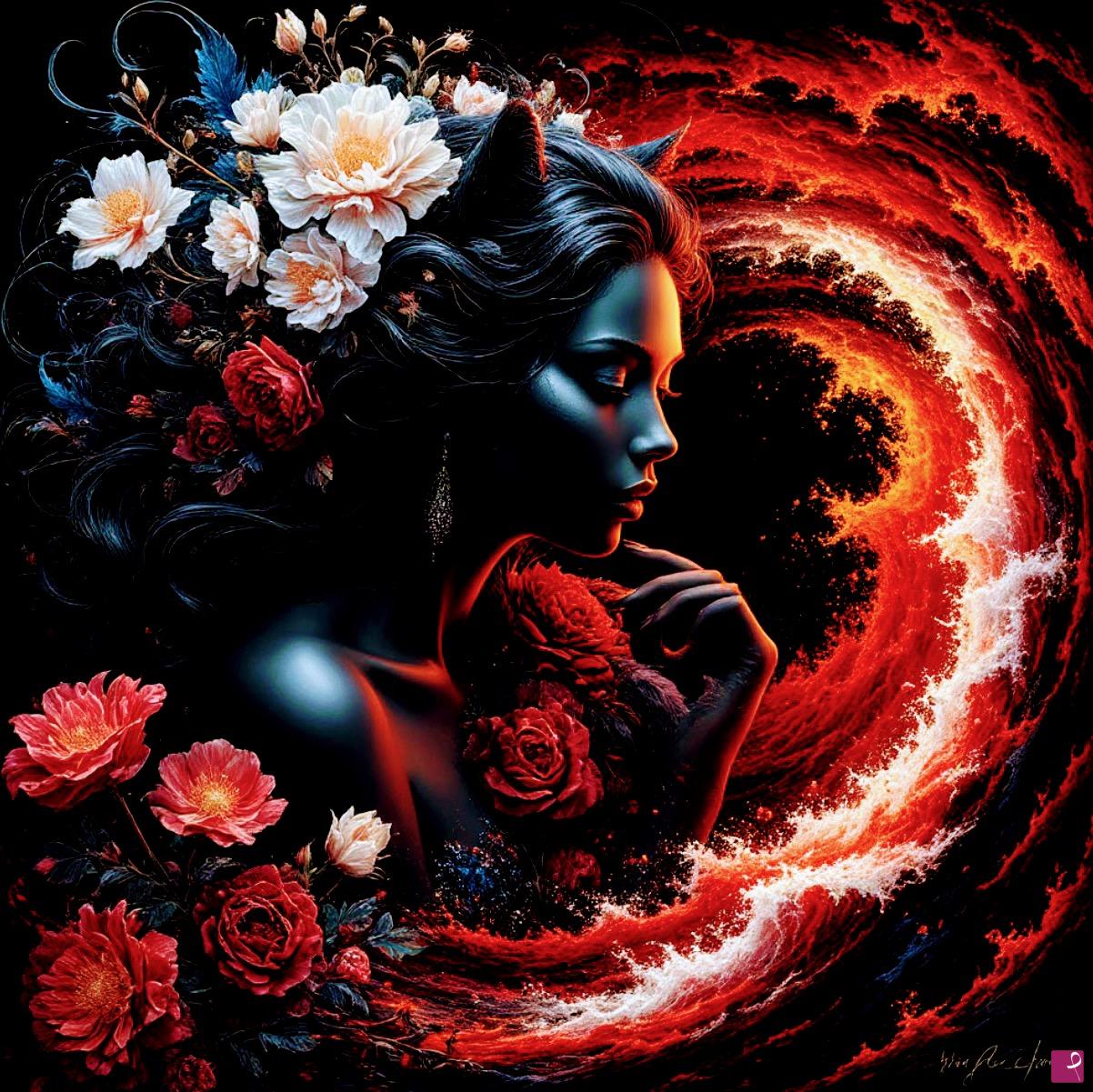 quadri in vendita online - Girl, fire tornado, flowers 