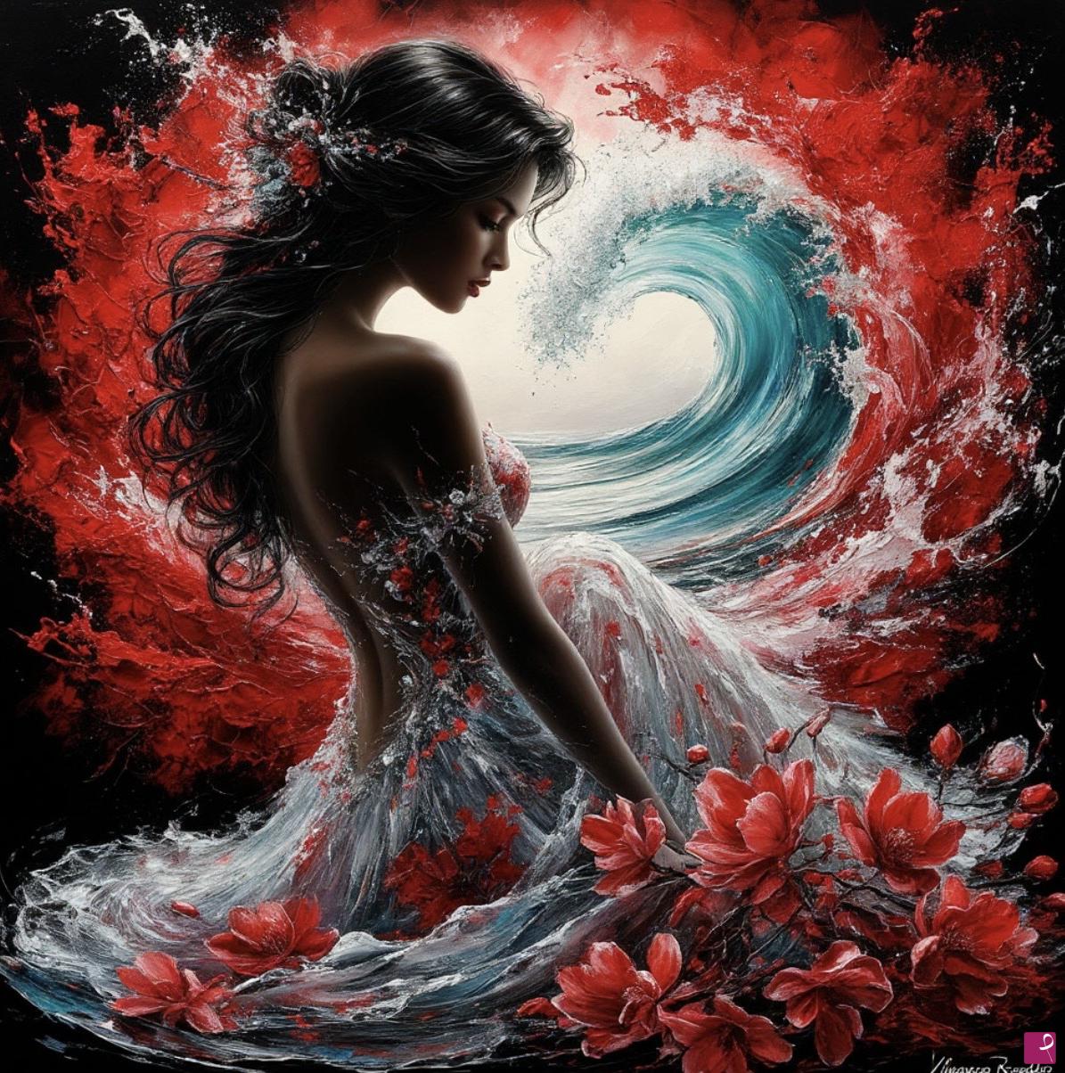 quadri in vendita online - Girl, flowers and sea waves 