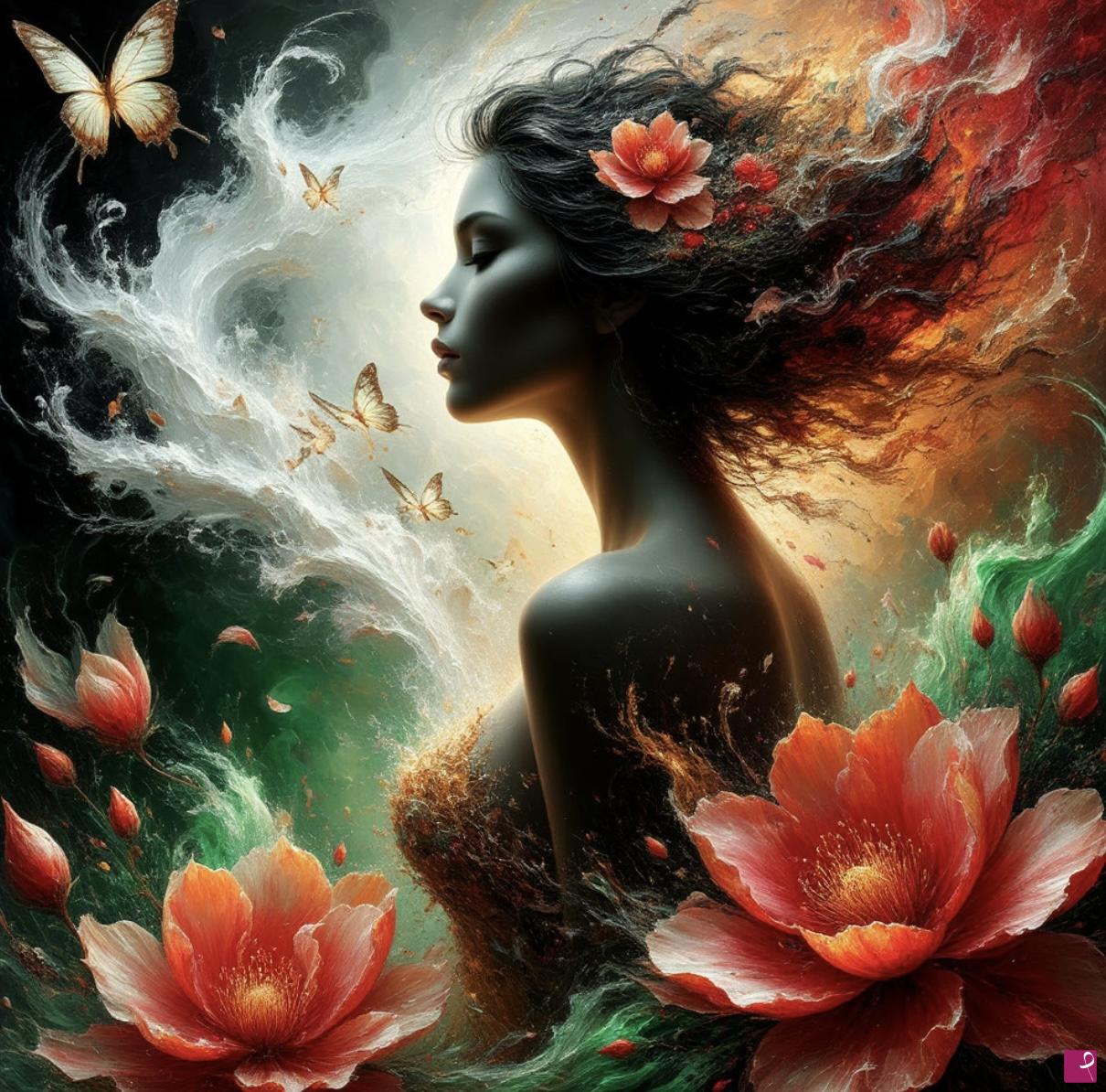 quadri in vendita online - Girl, flowers, butterflies, back lights 