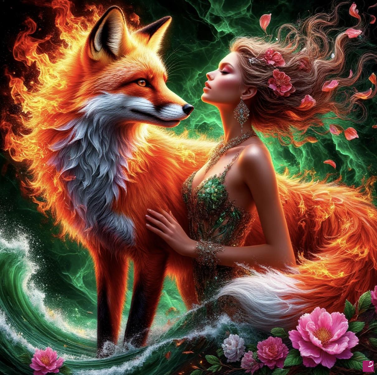 quadri in vendita online - Girl, fox, fire and flowers 
